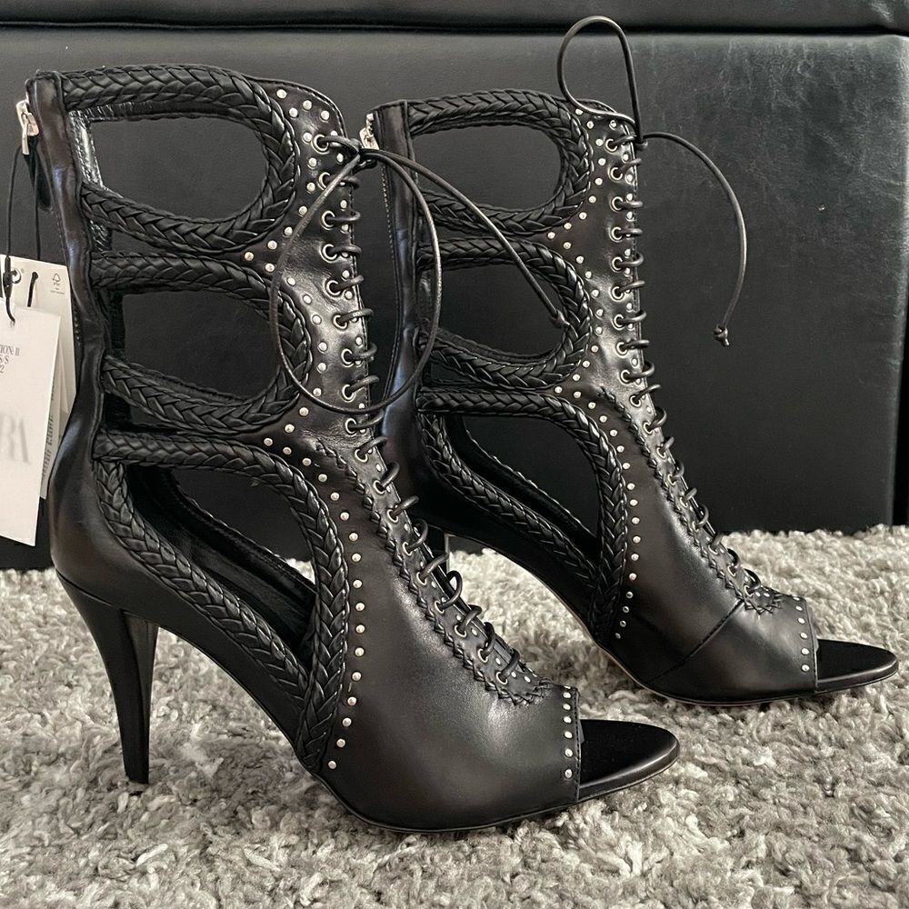 NIB Zara Studded Leather Sandal Booties - Picture 7 of 13